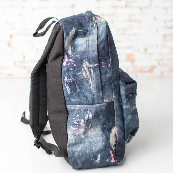 JanSport Backpack Distressed Denim Paint Splatter Print T501 Blue/Pink - Picture 3 of 9